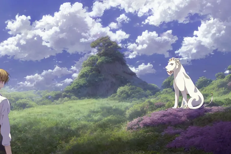 Image similar to a vast scene, panorama distant view, hyper detailed scene render of a boy and white lion, anime key visual of violet evergarden, finely detailed perfect face delicate features directed gaze, in the white clouds fairyland, golden curve structure, animation portrait concept art, trending on pixiv fanbox, violet evergarden, studio ghibli, james jean, extremely high quality artwork