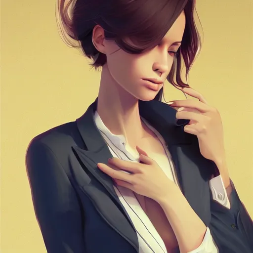 Image similar to cute beautiful girl in jacket suit over bare skin, elegant, 2d, ultra highly detailed, digital painting, smooth, sharp focus, artstation, pixiv, art by Ilya Kuvshinov