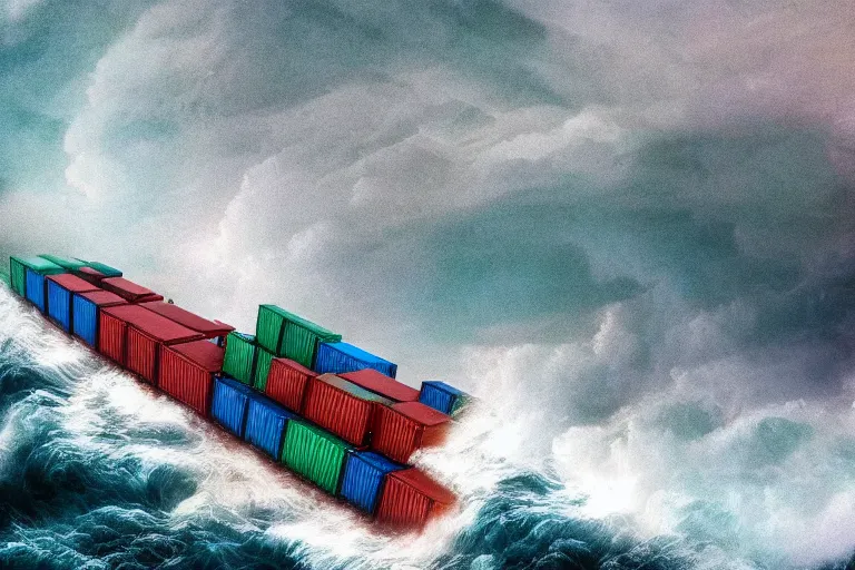 Image similar to container ship in a storm, in the style of vernon grant and chris van allsburg, raging stormy sea, trending on artstation, bright tilt - shift camcorder effect, photoshop, retrowave, hyperrealism, octane, sharp focus, masterpiece