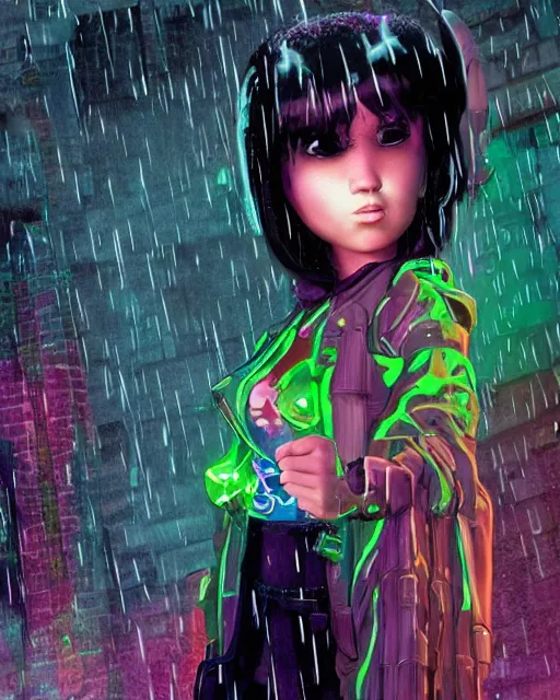 Prompt: an epic fantasy comic book style full body portrait painting of a very beautiful imposing outrun emo industrial goth dora the explorer in the rain, neon reflections in the rain puddles, character design by mark ryden and pixar and hayao miyazaki, unreal 5, daz, hyperrealistic, octane render, cosplay, rpg portrait, dynamic lighting, intricate detail, cinematic