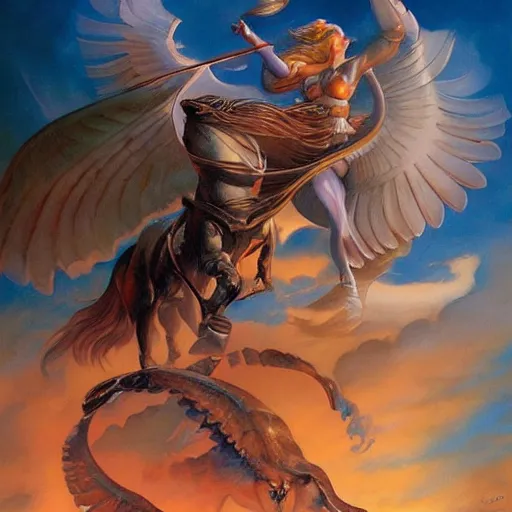 Prompt: ride of the valkyries by boris vallejo julie bell, epic fantasy painting, soft details, album cover, HD, artgerm