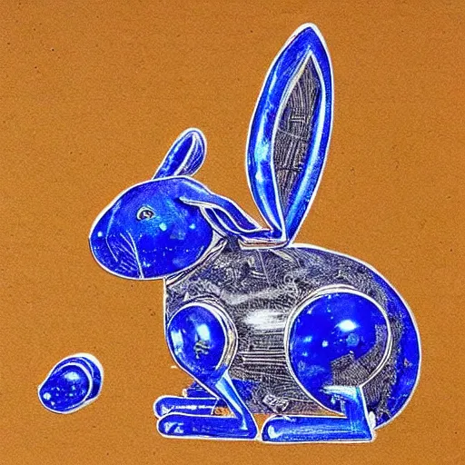 Prompt: mechanical rabbit with a crystal inside, steampunk design, made of woods, the crystal inside the rabbit is blue, art by Leonardo da Vinci, drawn projects on paper, instructions to build it