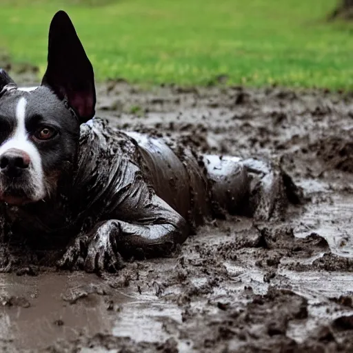 Prompt: a dirty dog rolling in mud. photo