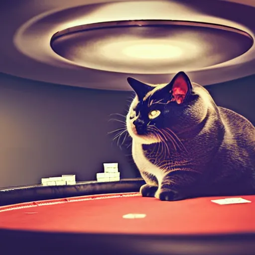 Image similar to fat mobster cat gambling at a poker table single light overhead smokey photo