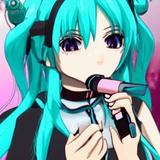 Image similar to hatsune miku being high with bloodshot eyes smoking weed with a vape pen. a room full of smoke