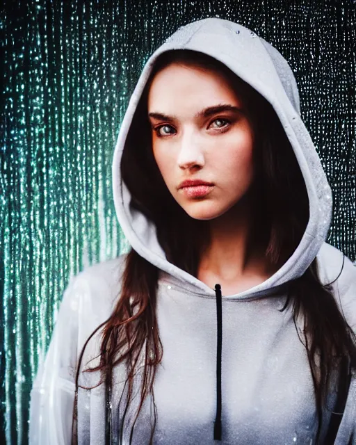 Image similar to a closeup portrait of as beautiful young woman wearing a transparent hoody standing in the middle of a busy night road, raining with lots on neon lights on the background, very backlit, moody feel, dramatic
