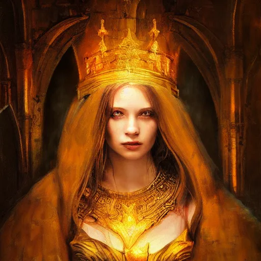 Prompt: high quality oil painting portrait of beautiful female wizard holy knight by Rembrandt and Raymond Swanland, dark background, high fantasy, perfect lighting