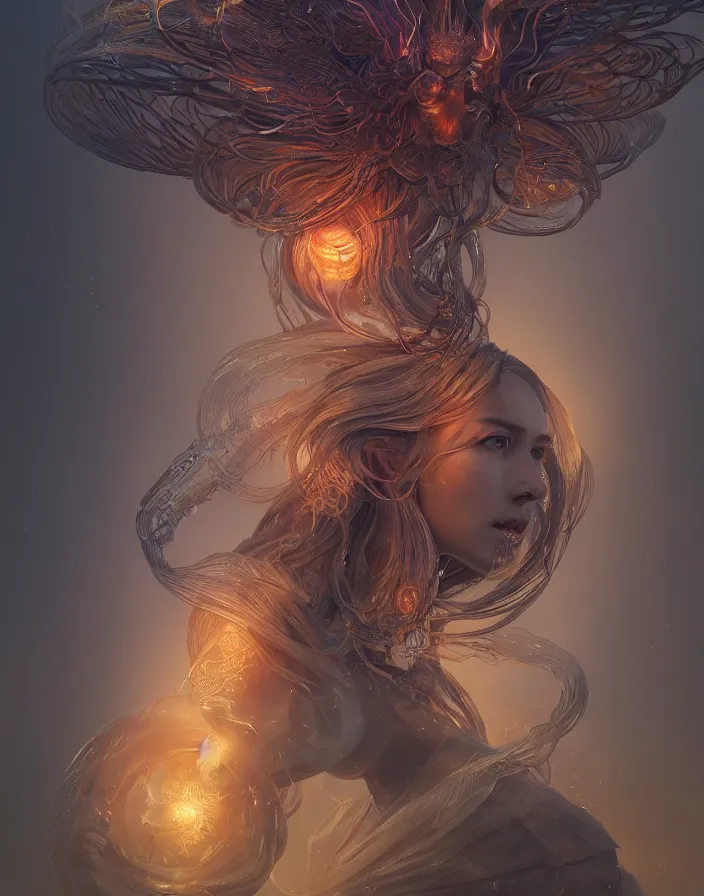 Image similar to goddess portrait. jellyfish phoenix head. intricate artwork by Tooth Wu and wlop and beeple. octane render, trending on artstation, greg rutkowski very coherent symmetrical artwork. cinematic, hyper realism, high detail, octane render, 8k, matte painting, peter mohrbacher, 3d