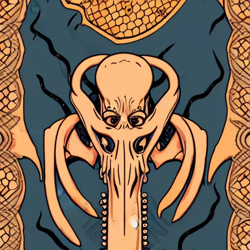 Image similar to undead ilithid mindflayer dracolich, Dungeons & Dragons, Art nouveau, honeycomb background,