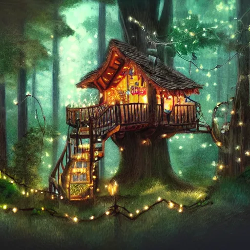 Image similar to detailed concept art of a cozy treehouse with fairy lights, in a redwood forest