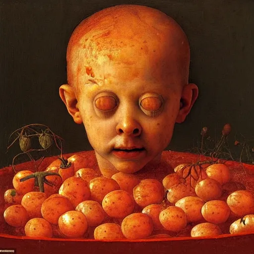 Image similar to a boy sitting in a tub full of tomato sauce, by giuseppe arcimboldo and ambrosius benson, renaissance, highly detailed, a touch of beksinski, fruit, intricate and intense oil paint, realistic