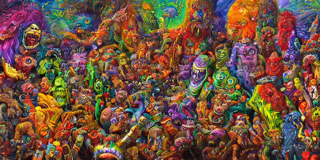 Prompt: a ultra high hyperdetailed painting with complex textures of a group of monsters united within a larger monster, made of candies and psychotropic psychoactive substances psychedelic fulcolor spiritual chaos surrealism horror bizarre psycho art