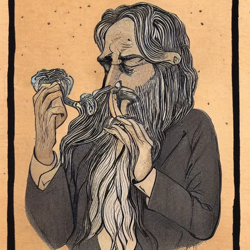 Image similar to highly detailed figure of a person with long white hair coming depicted as smoke coming out from smoking pipe, meditation, comic art, intricate, elegant.