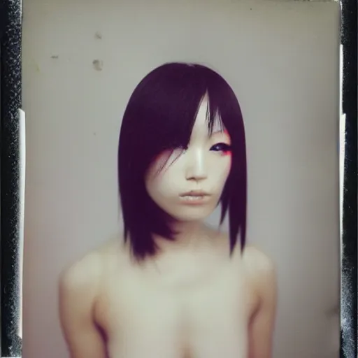 Image similar to atmospheric upper body polaroid photograph of female japanese model in emo makeup, long hair, fringe