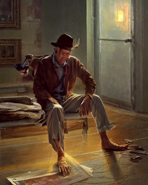 Image similar to a highly detailed epic cinematic concept art CG render digital painting artwork costume design: Henry Fonda as a 1950s tired poet, barefoot, smoking a cigarette. volumetric lighting. By Greg Rutkowski, in the style of Francis Bacon and Syd Mead and Norman Rockwell and Beksinski, open ceiling, highly detailed, painted by Francis Bacon and Edward Hopper, painted by James Gilleard, surrealism, airbrush, Ilya Kuvshinov, WLOP, Stanley Artgerm, very coherent, triadic color scheme, realistic facial expression, art by Takato Yamamoto and James Jean