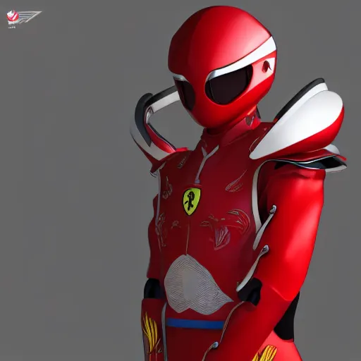 Image similar to Tokusatsu character based on Ferrari, red mechanical skinny body, chest plate with Ferrari logo, stylized motorcycle helmet, full body, unreal engine, 3D model