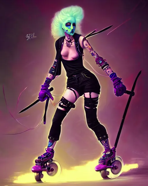 Image similar to roller derby riot grrl extraterrestrials, japanese gothic, punk grunge, concept art, expressive, highly detailed, digital painting, cinematic lighting, hyperrealism, dark retrowave, art by stanley lau and artgerm and magali villeneuve and alphonse mucha, artstation, octane render, cgsociety