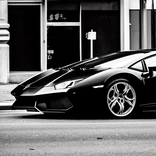 Image similar to black and white press photograph of a tired and depressed man in a black suit pushing a lamborghini that is out of gas on a busy city street, sideview, detailed, natural light, mist, film grain, soft vignette, sigma 5 0 mm f / 1. 4 1 / 1 0 sec shutter, imax 7 0 mm footage