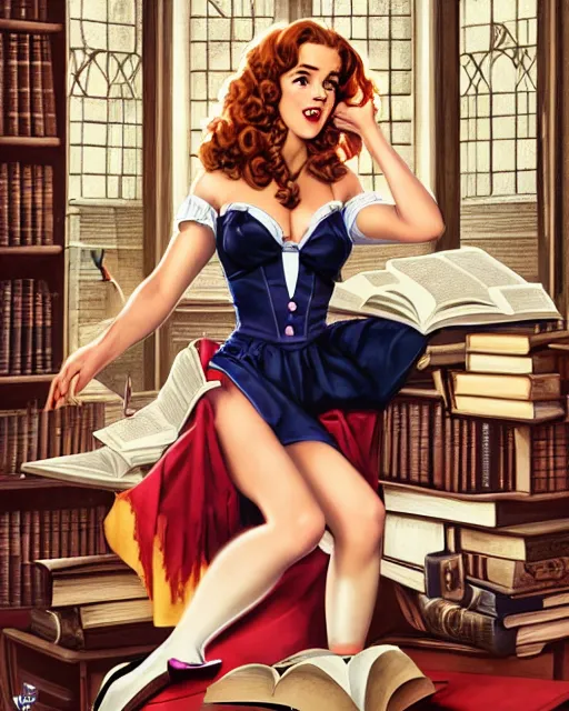 Prompt: pinup photo of hermione granger by emma watson in the library of hogwarts, by by andrei riabovitchev, james jean, gil elvgren, enoch bolles, glossy skin, pearlescent, anime, very coherent, flat