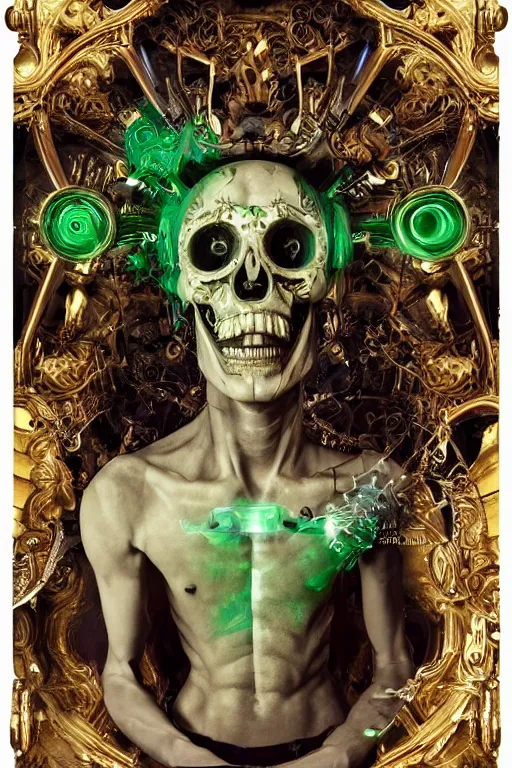 Prompt: full-body baroque and cyberpunk style sculpture of a young handsome Spanish prince half android with a chest opening exposing sparking circuitry, glowing green laser eyes, crown of mechanical gears and flowers, flowing golden-colored silk, fabric, steampunk archways. baroque elements, human skull. full-length view. baroque element. intricate artwork by caravaggio. many many birds birds on background. Trending on artstation, octane render, cinematic lighting from the right, hyper realism, octane render, 8k, depth of field, 3D