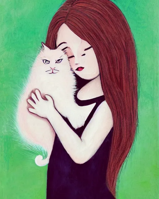 Image similar to a portrait of a young woman with very long pink hair undulating on the wind, light brown eyes, slightly chubby, pale skin, pretty, cute, holding a white cat. by viorie and laia lopez