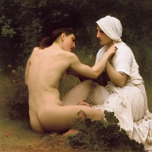 Image similar to far easterner has a conversation with a westerner, by bouguereau