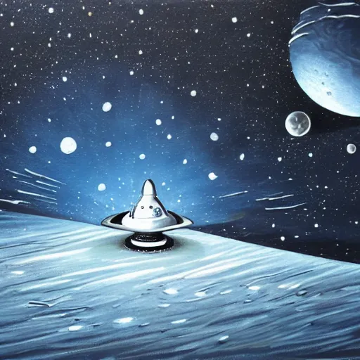 Prompt: very detailed painting of a science fiction spaceship landing on an ice-covered moon, night, space, stars, Milky way