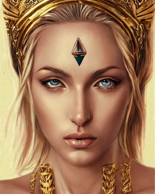 Image similar to tattoo design sketch of hot blonde super model as aphrodite greek goddess wearing a gold laurel wreath and triangle earrings, beautiful piercing gaze with sharp pupils, in the style of greg rutkowski, fantasy, amazing detail, epic, elegant, smooth, sharp focus, front view