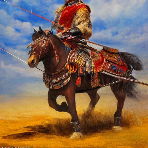 Image similar to mongolian warrior from ancient lands of taran shooting arrows from his horse, highly detailed, ultrawide lens, impressionism, chiaroscuro