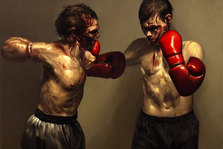 Prompt: portrait, realistic painting image about a boxer has a electric boxing gloves, versus a ghoul. dramatic scene, horror, dramatic lighting realism, created by gustave courbet and michaelangelo, trending in artstation, fine art, smooth draw with oil painting.