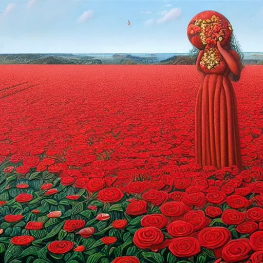 Prompt: a woman standing on red roses by jacek yerka, alex gray, zdzisław beksiński, dariusz zawadzki, jeffrey smith and h.r. giger, oil on canvas, 8k highly professionally detailed, trending on artstation