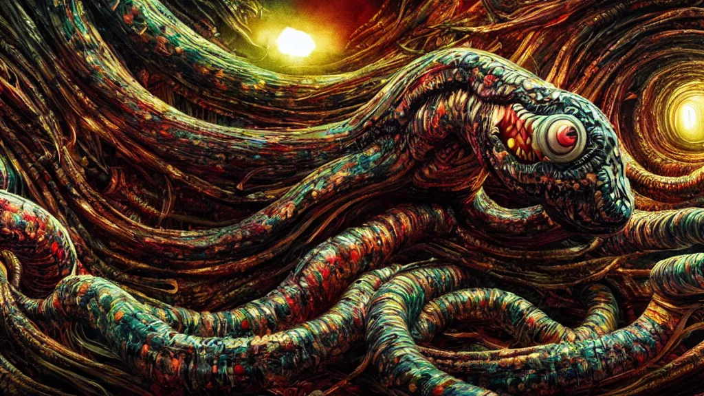 Image similar to screaming worm monster, maximalist, high detail, 8k, ornate, dark fantasy, realistic, masterpiece, complex, WLOP, film still from the movie directed by Denis Villeneuve, wide angle, colorful