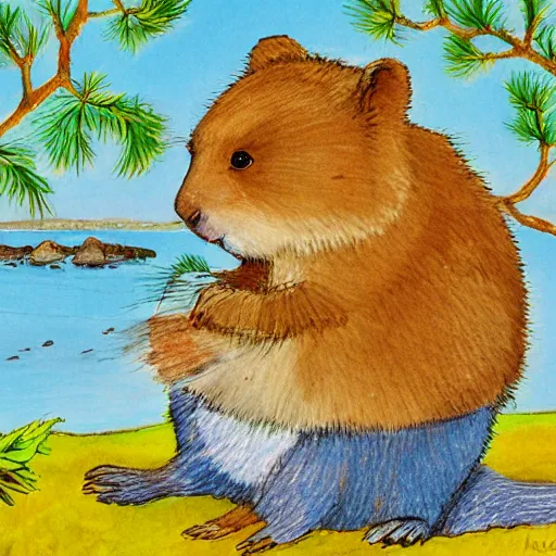 Prompt: detailed illustration, a happy quokka on rotttnest island in the style of may gibbs,