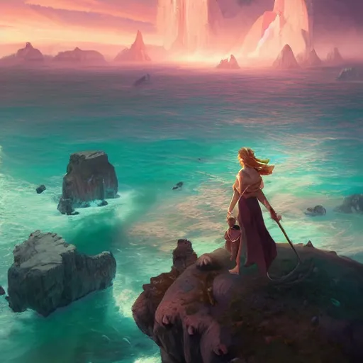 Image similar to fantasy allods islands in mystic astral ocean, at gentle dawn pink light, rossdraws, artgerm, norman rockwell, emiliano ponzi, epic composition, hd, octane, unreal engine, volumetric lighting, light rays, masterpiece, award - winning