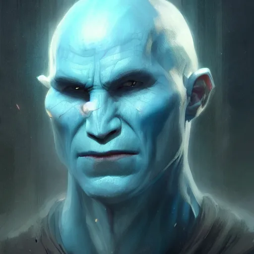 Image similar to a wizard young bald with no beard with blue skin with the nose of Voldemort, casting a powerful spell, painted by Greg Rutkowski, trending on ArtStation