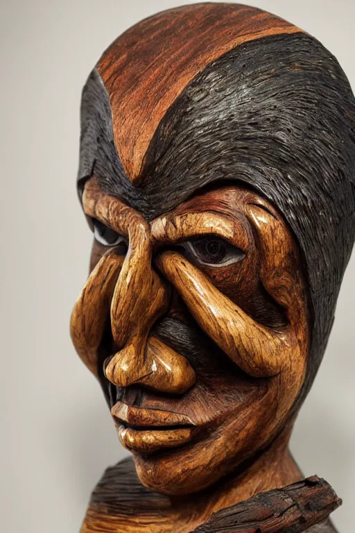Prompt: an polished texturized sculpture of Brazilian folklore Curupira sculpted in wood log by kris kuksi