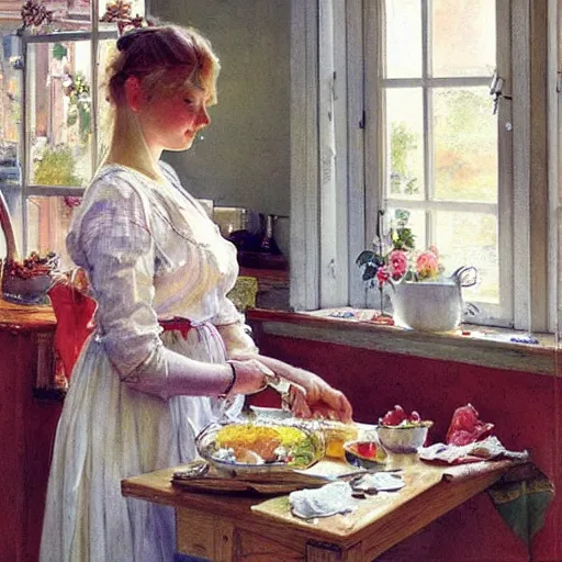 Prompt: beautiful blonde woman, making breakfast, morning, painting volegov carl larsson