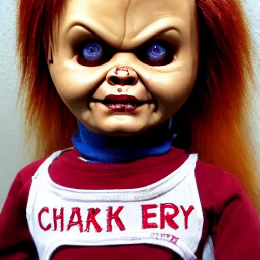 Prompt: Chucky the killer doll for sale at a horror convention