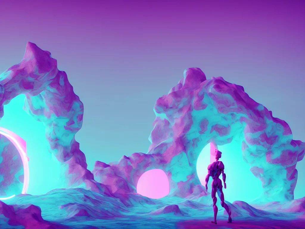 Image similar to manikin made of marble, fractal neon explosion revealing a portal to a vaporwave paracosm, mountains in background, introspective, cinematic, rule of thirds, clean linework, dramatic, award winning, 4 k, trending on artstation, photorealistic, volumetric lighting, octane render