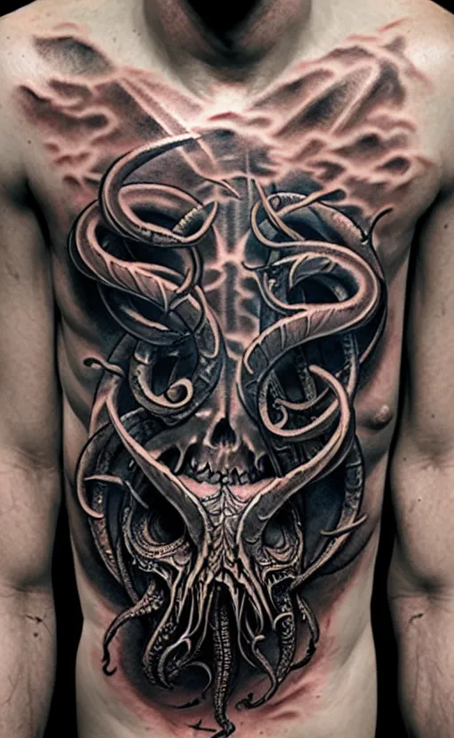 Image similar to chest tattoo cthulhu by greg rutkowski, by giger, by maxim verehin