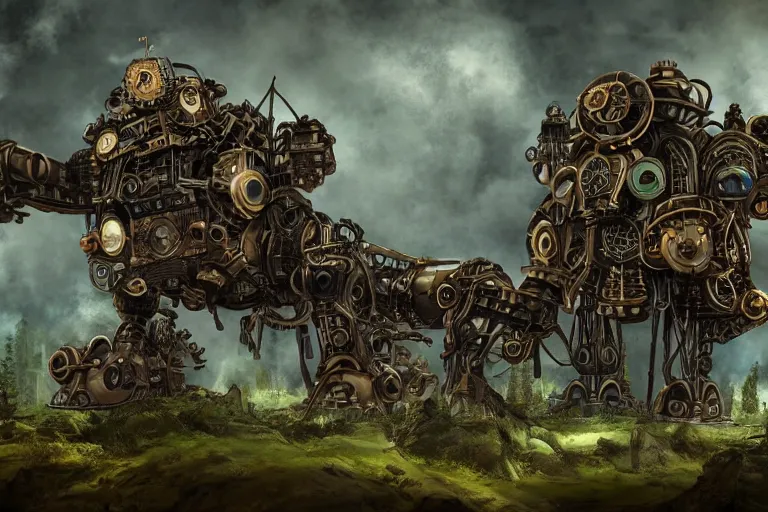 Image similar to steampunk colossal mech fortress travels across a swedish forest very low angle photograph trending on artstation