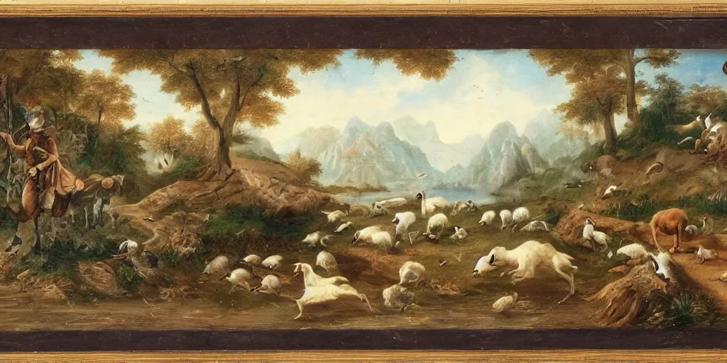 Prompt: fantasy landscape, ducks and goats going to war