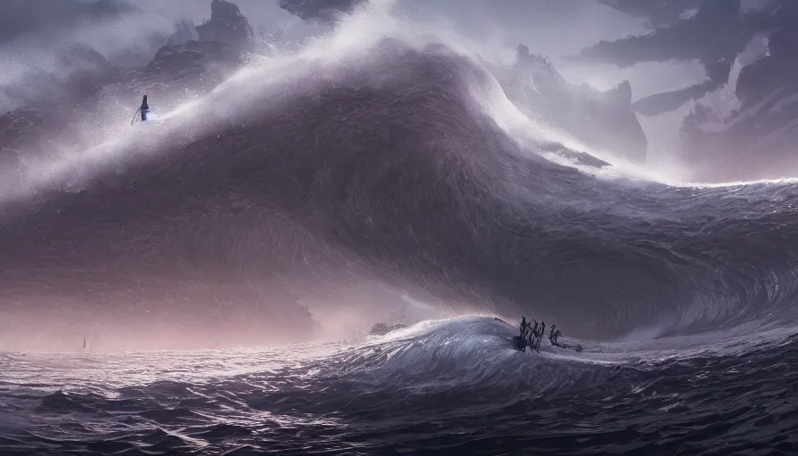 Prompt: people fleeing the hill a giant wave, wide view, hyperdetailed, artstation, cgsociety, 8 k