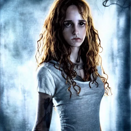 Prompt: dressed Hermione Granger in tattoos, by luis royo, , by Aggi Erguna, top cinematic lighting, cinematic mood, hyperrealism, full-length, clear faces, high detail