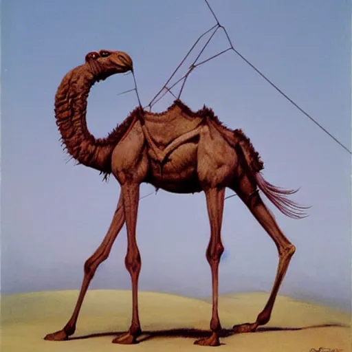 Prompt: a mauve camel with many long, spindly spider legs, painting by frank frazetta