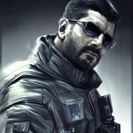 Image similar to Adam Jensen from Deus Ex as a GTA character, by Cedric Peyravernay, highly detailed, excellent composition, cinematic concept art, dramatic lighting, trending on ArtStation