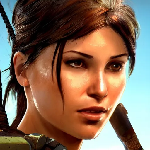 Image similar to dew, dew covers lara croft's face, focus on her face, sunlight