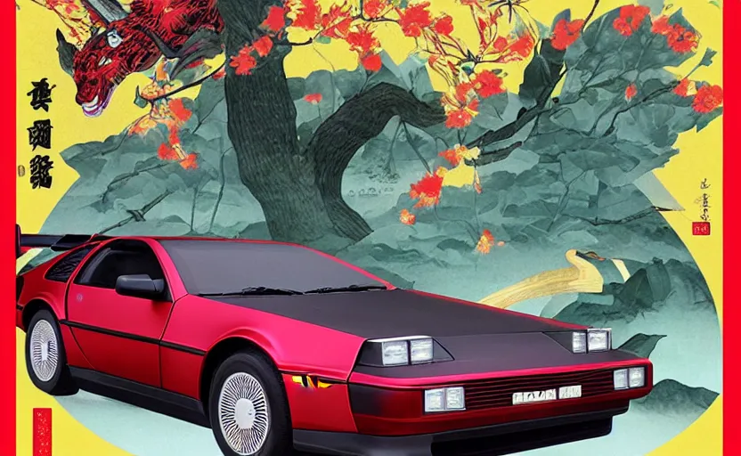 Image similar to a red delorean for a yellow tiger, art by hsiao - ron cheng and utagawa kunisada in a magazine collage, # de 9 5 f 0