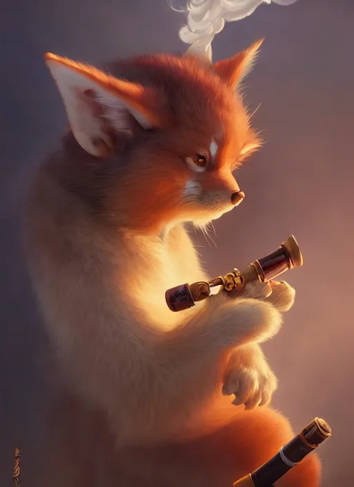 Image similar to cute kitsune smoking a pipe, subsurface scattering, by jesper ejsing, justin gerard, tomasz alen kopera, cgsociety and fenghua zhong, highly detailed, rim light, cinematic lighting, illustration, art, octane render, very coherent, cinematic, hyper realism, high detail, octane render, 8 k