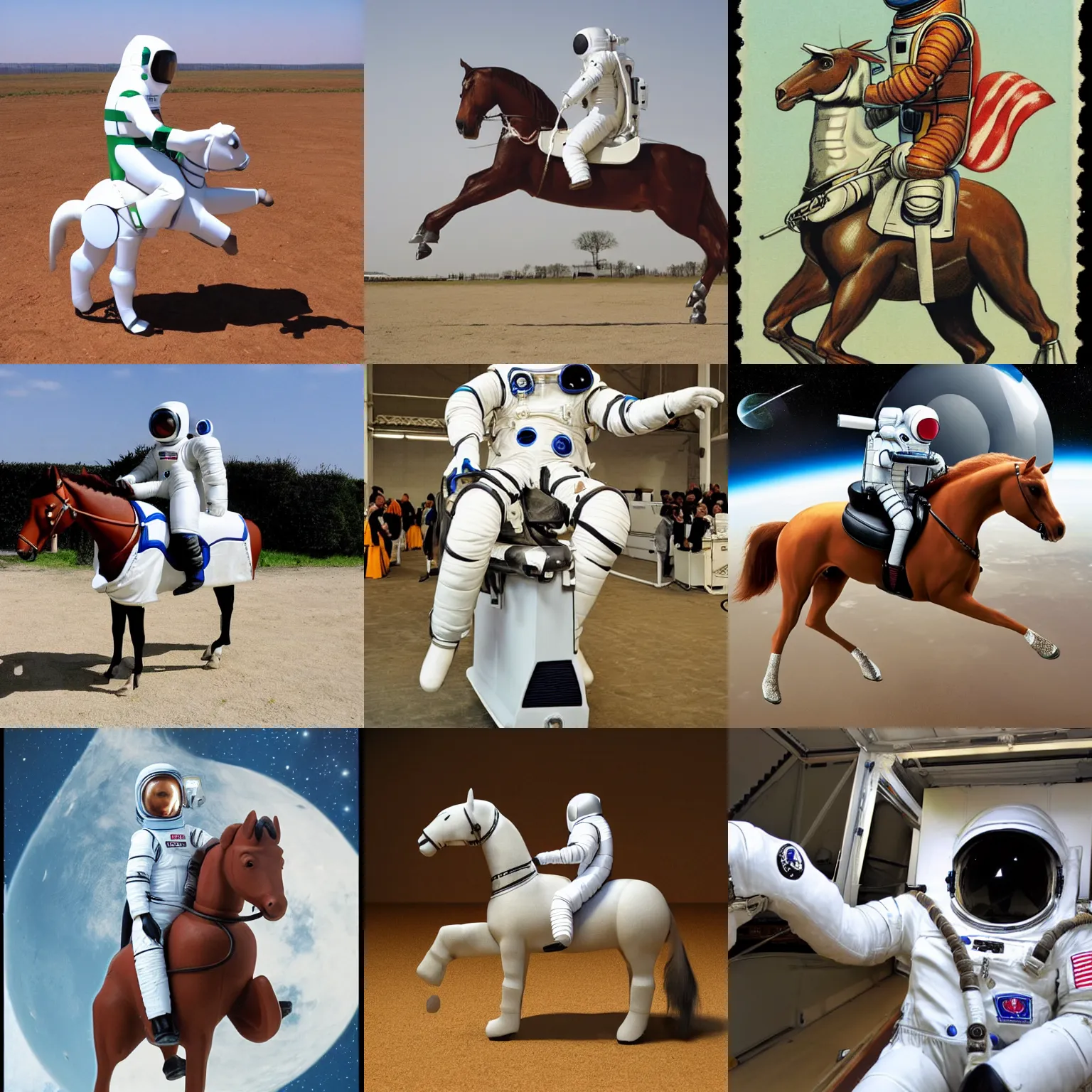 Prompt: anthropomorphic horse riding in the horse in astronaut suit,